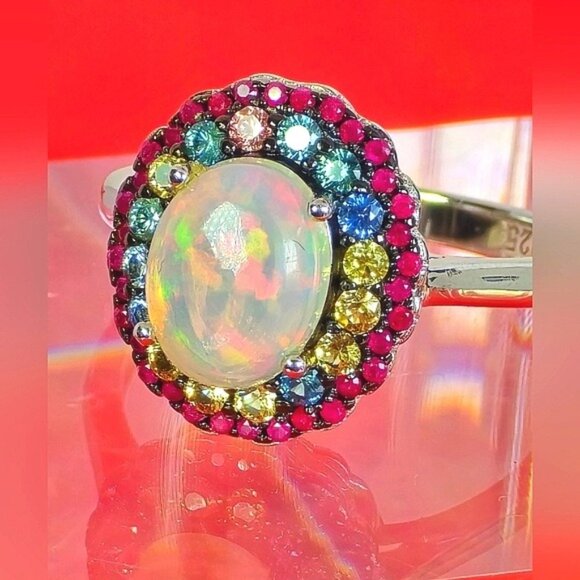 925 Sterling Silver Ring Sz 6.75 with Natural White Opal 10x7mm & Sapphire Gem - Picture 9 of 9